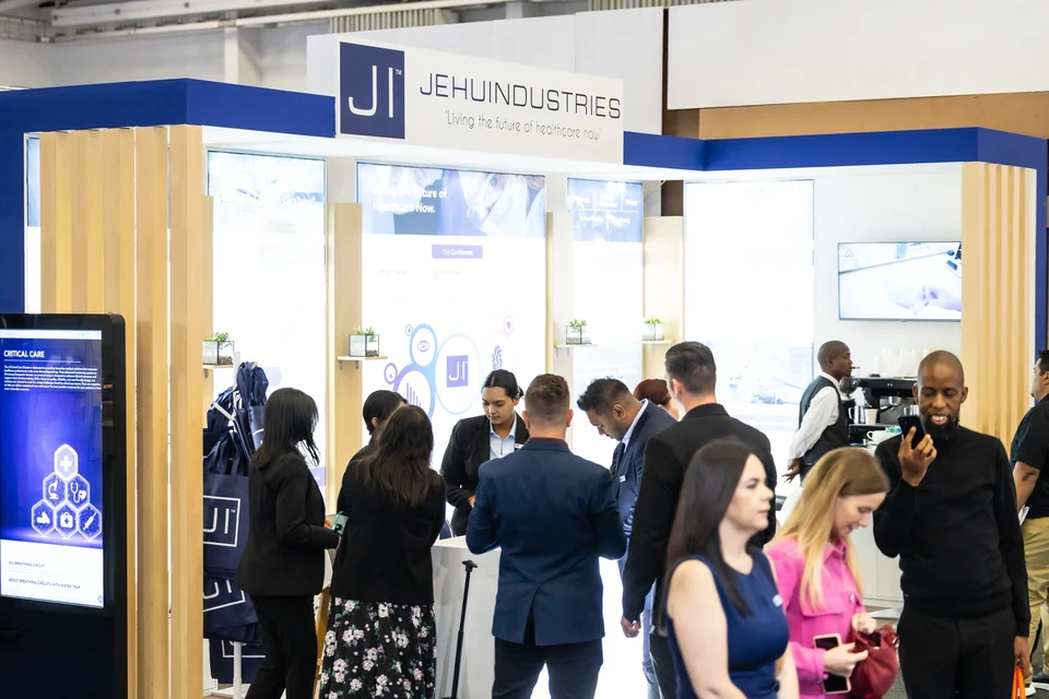 The completed Jehu Industries stand at Africa Health, with staff and visitors