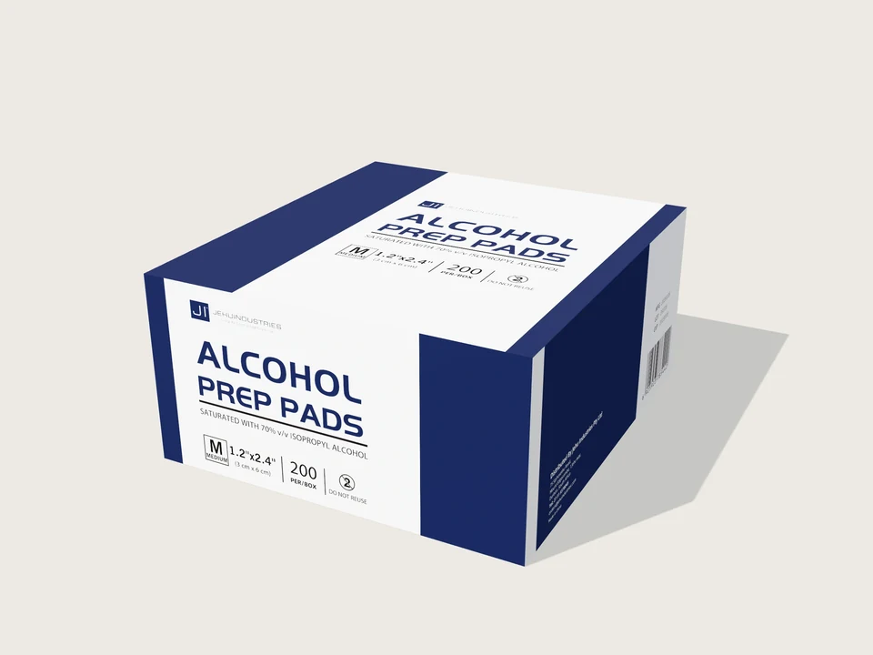 Alcohol prep pad carton rendered from the original artwork, showing the front, top and side