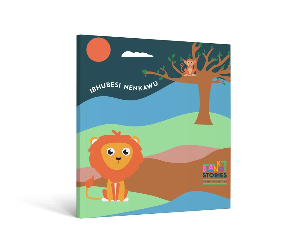 Storybook mockup carrying the lion illustration into a companion reading piece.