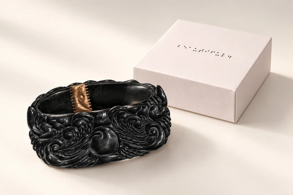 The ornate black bracelet concept with its pale gift box.