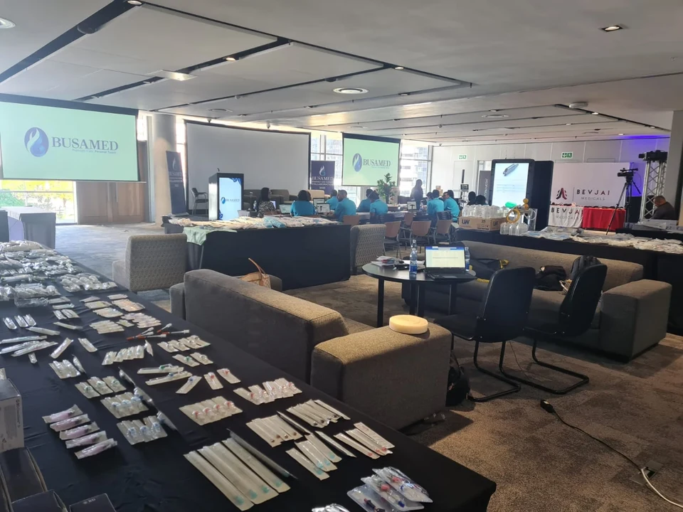 Busamed conference room in Cape Town with product displays, delegates and meeting areas.