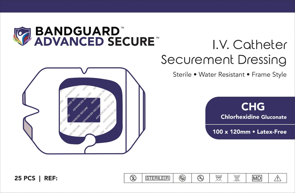 CHG dressing front with written variant and dimensions, product outline, and Bandguard identity