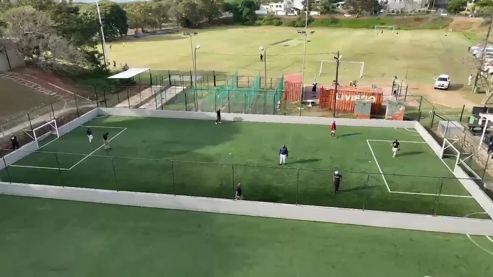 Aerial view of the football pitch and event grounds.