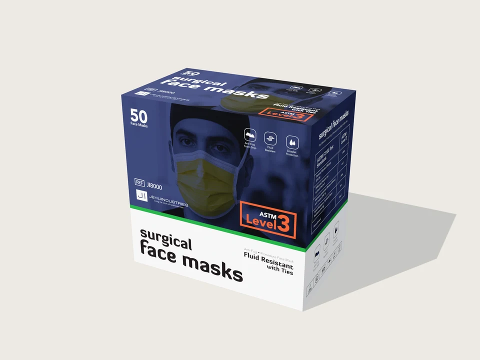 Surgical face mask carton with ties, rendered from the original packaging artwork