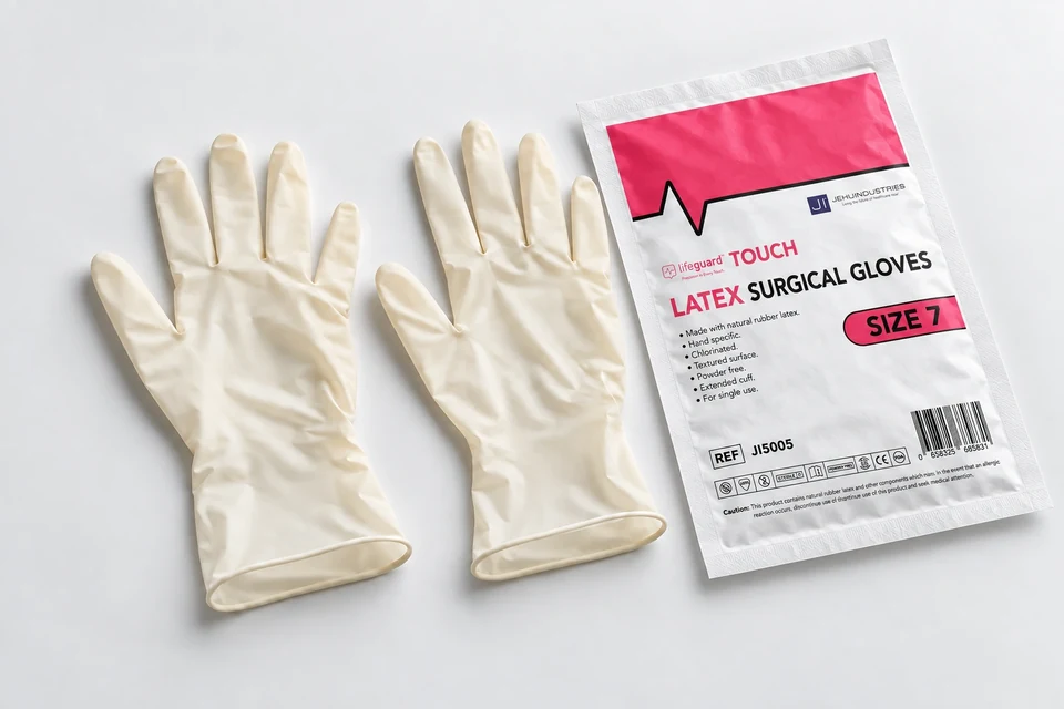 Portfolio mockup of the printed size 7 Lifeguard TOUCH pouch with surgical gloves