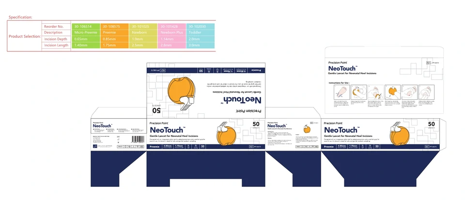 NeoTouch · Preemie heel lancets · source carton artwork.