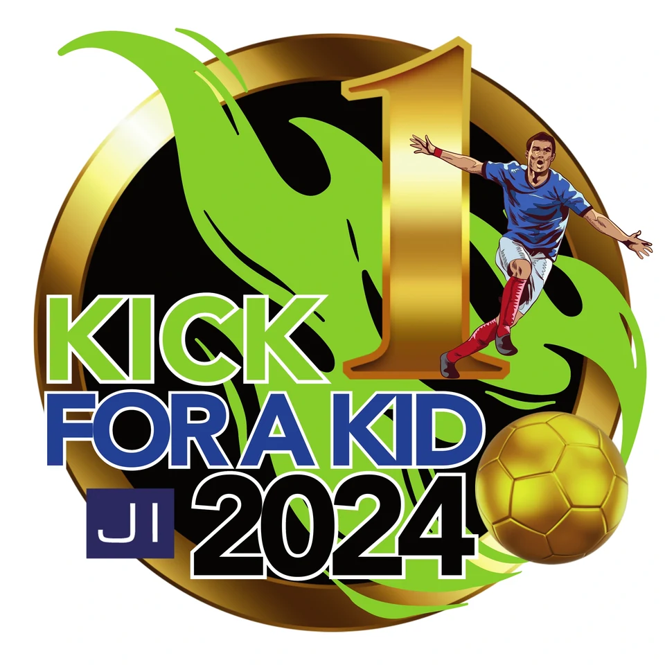 First place Kick for a Kid medal artwork in gold, green and blue.