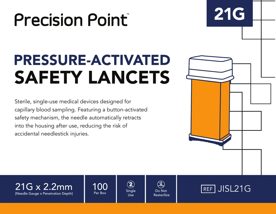 21G safety lancet principal panel with gauge tab, orange device illustration and depth information band