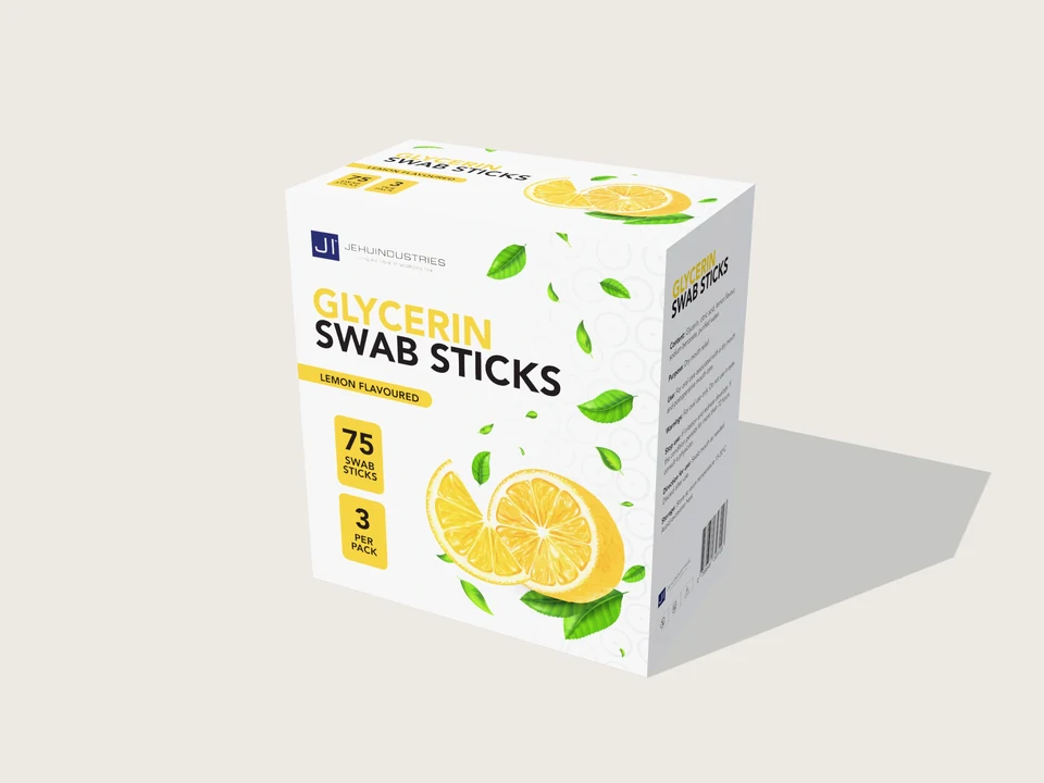 Lemon glycerin swabstick carton mockup showing the citrus identity and quantity labels