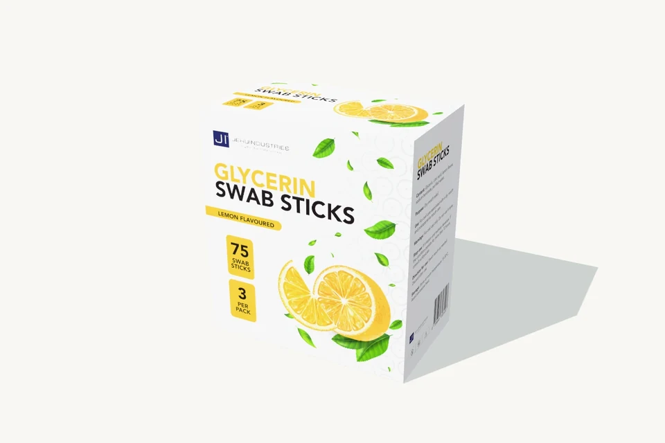 Glycerin swabsticks · Lemon flavoured rendered packaging preview