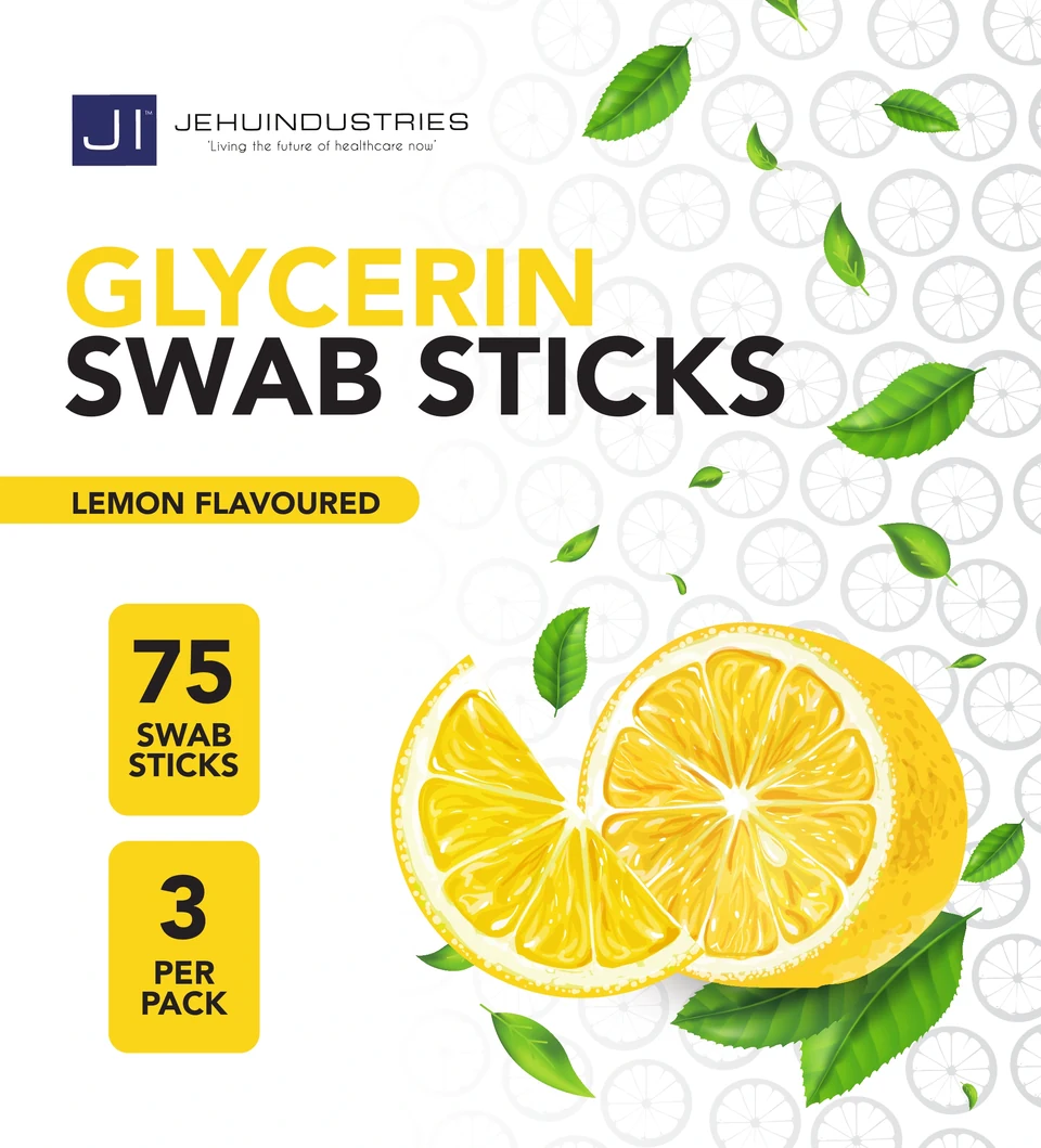 Lemon swabstick carton front with product title, citrus imagery and separate 75 swab and three per pack labels