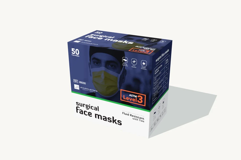 Surgical face masks · With ties rendered packaging preview