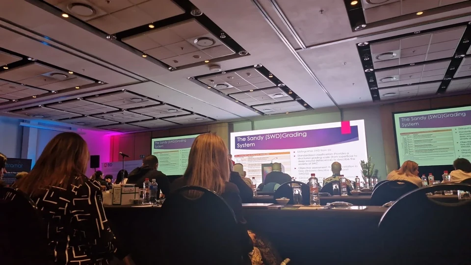 Delegates following a presentation across the main stage and side screens.