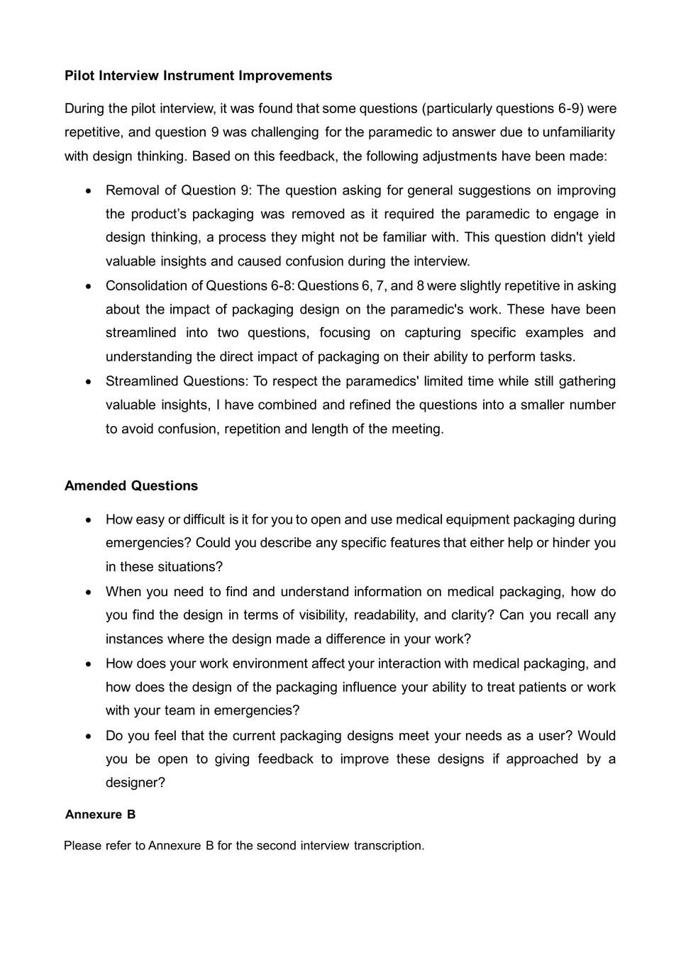 Original method excerpt showing how the pilot informed a shorter, clearer interview guide.
