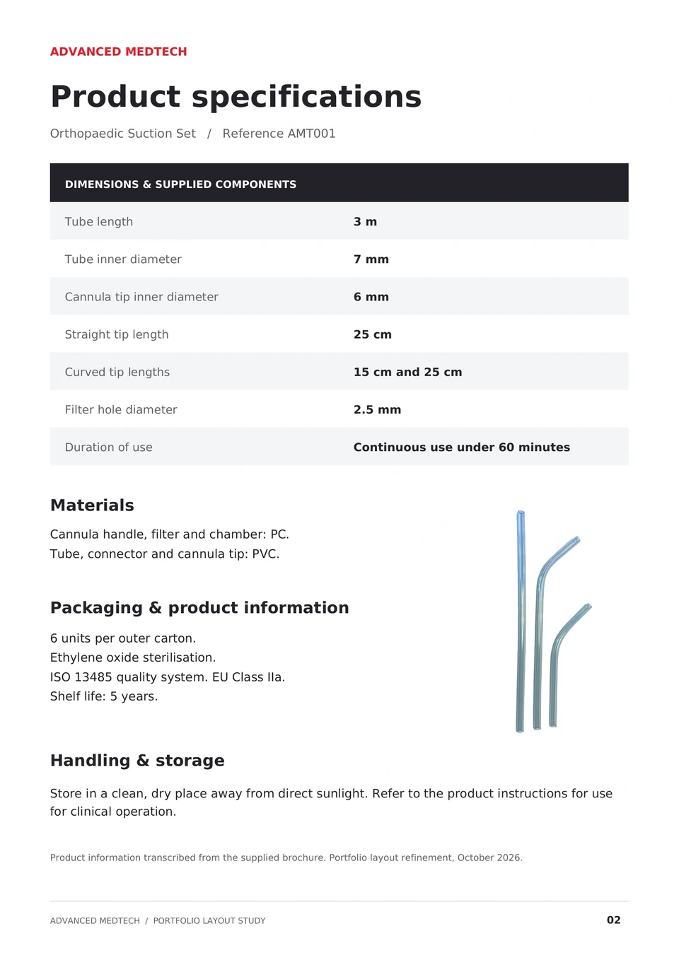 Refined second page: dimensions, materials and product information grouped by function.