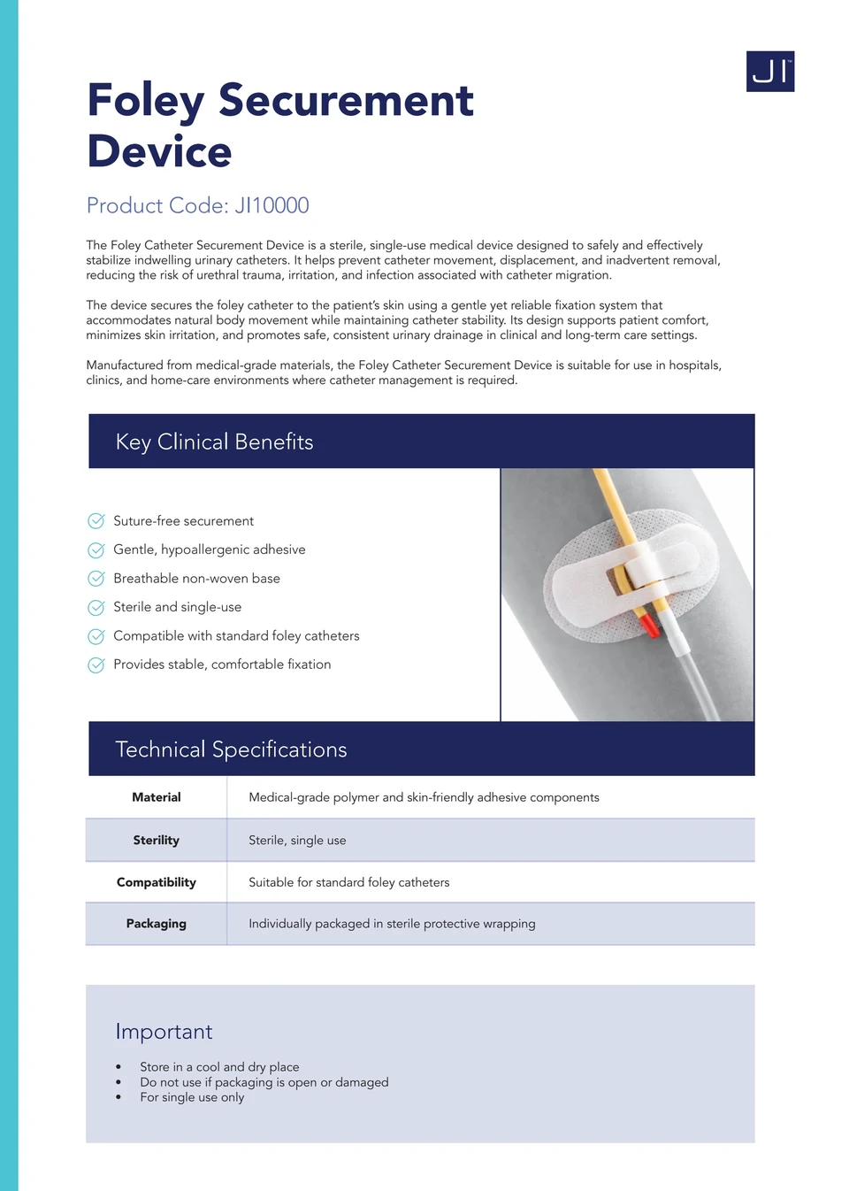 Foley securement page: identification, benefits, image and specifications.