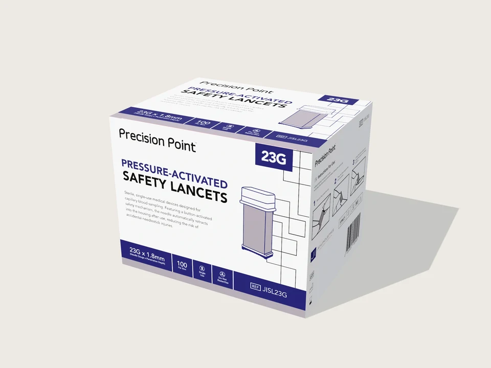 Precision Point 23G packaging mockup showing the front and illustrated side panel